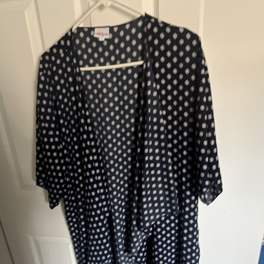 LuLaRoe Women's L Blue White Geometric Open Front Fringe Kimono